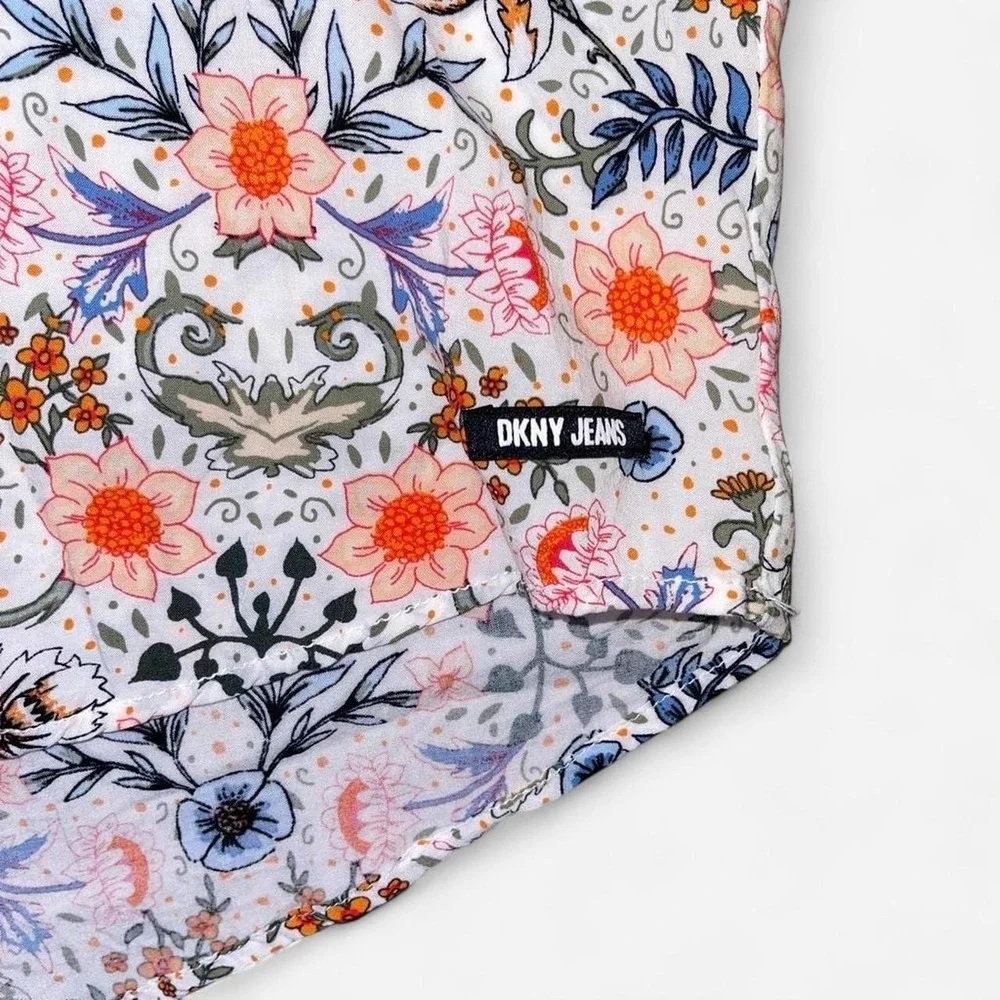 DKNY Jeans Womens Floral V-Neck Blouse Long Sleeve Orange Blue White Top L - Picture 2 of 4